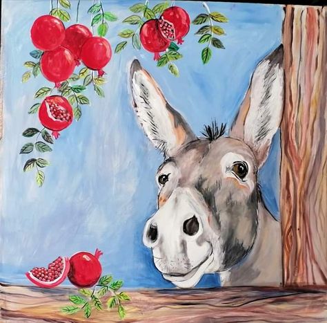 Christmas Donkey Painting, Cute Donkey Drawing Art, Donkey Artwork, Easter Canvas Painting, Donkey Pictures, Donkey Painting, Donkey Drawing, Canvas Party, Donkey Art