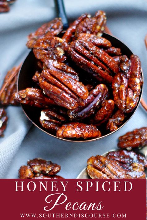 Honey Spiced Pecans - southern discourse Southern Discourse, Snack Prep, Spiced Pecans, Homemade Dinner Rolls, Friends Food, Southern Food, Best Comfort Food, Food Favorites, Easy Snack Recipes