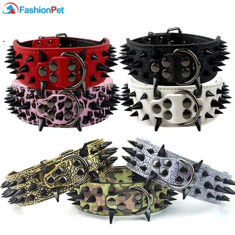 Cool Sharp Spiked Studded PU Leather Dog Collar for Medium Large Dogs PitBull Mastiff Boxer Bully Pitbull Mastiff, Big Dog Collars, Studded Dog Collar, Camo And Red, Large Dog Collars, Dogs Pitbull, Paws And Claws, Leather Dog Collar, European Women