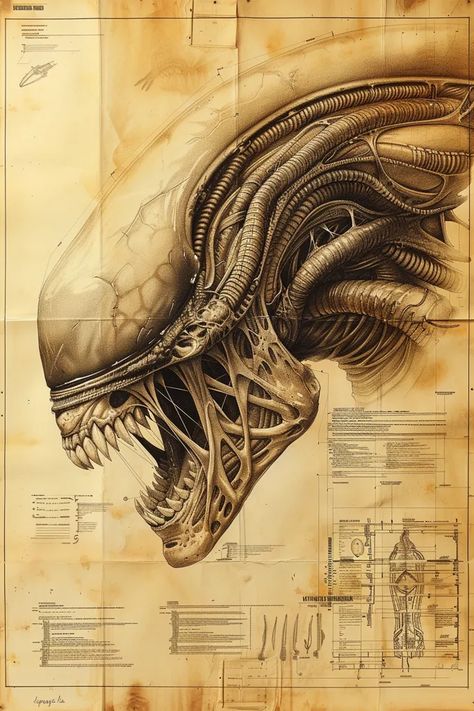 Alien Hr Giger, Alien Anatomy, Alien Head, Alien Art Drawing, Alien Xenomorph, Alien Movie, Alien Monster, Alien Drawing, Cool Skull Drawings