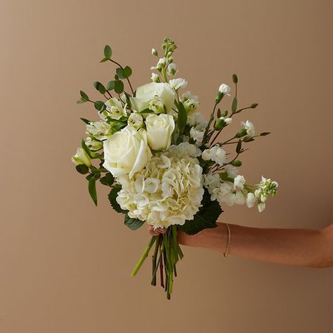 White Hydrangea + White Roses, Mini-carnations & Alstroe - The Bouqs Co. Green Hydrangea Wedding, White Hydrangea Wedding, Carnation Wedding, Hydrangea Bridal Bouquet, Small Wedding Bouquets, Hydrangea White, Hydrangea Bouquet Wedding, Bridesmaid Bouquet White, Bridal Bouquet Fall