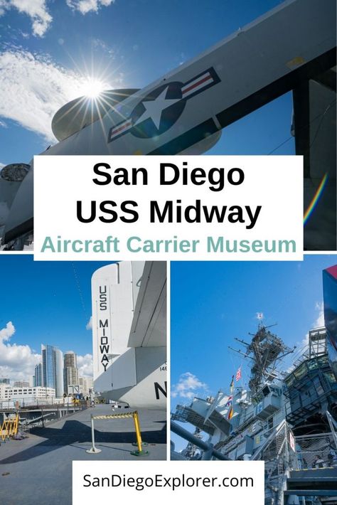 One of the Top Things to do in San Diego: Don't miss the USS Midway Museum. San Diego is a Military city and this Aircraft carrier is a must, if you are a history lover. Put it on your San Diego Itinerary now! #sandiego #sandiegoexplorer #california #sandiegotrip #sandiegomuseums #military #Navy #militaryhistory #visitsandiego San Diego Attractions - San Diego Things To Do - San Diego Museums San Diego Itinerary, Vacation Places In Usa, La Travel Guide, San Diego Attractions, Uss Midway, California With Kids, San Diego Vacation, Visit San Diego, California Travel Guide