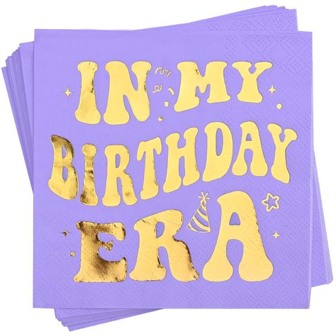 PRICES MAY VARY. 【👑Unique Design】: The lilac-colored napkins with gold foil 'IN MY BIRTHDAY ERA', create a relaxed and bright color scheme and add a relaxed feel to make your party fashion. 【🎁Perfect size】:52 Highly absorbent 3-ply cocktail napkins. 9.8 x 9.8 inches unfolded, 4.9 x 4.9 inches folded. 【🌈Fun Accessory】:Put the funny napkins at the entrance of your event, over the food table or candy buffet, at the gift table, or behind the head table and bring your birthday party to life. 【✨Keep Tidy】: Keep your tables clean and stain-free from spilled food, milk, juice, or soda. It is the icing on the cake for a fantastic birthday party. 【💐Ideal Quality】: 3-ply design No tear easily and is highly absorbent and soft. Perfect for parties, cocktail evenings, or buffets. Make your party mor First Era Birthday Party, Purple Birthday Party Theme, Purple Themed Birthday Party, Funny Napkins, Purple And Gold Birthday, Purple Birthday Party Decorations, Purple Birthday Party, Bright Color Schemes, Purple Birthday