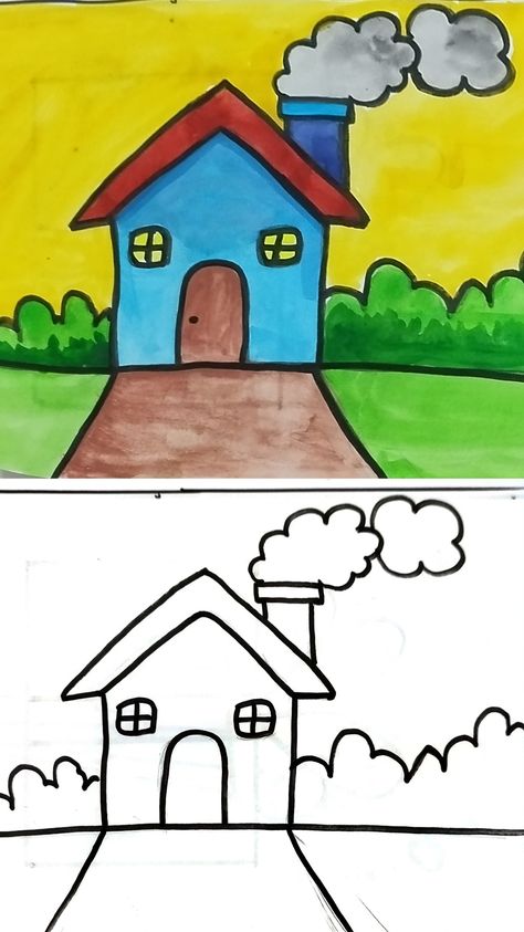 Simple House Drawing, House Drawing For Kids, Easy Cartoon, Drawing Kids, Moral Stories For Kids, Easy Cartoon Drawings, Kindergarten Learning Activities, Happy Birthday Frame, Cool Pencil Drawings