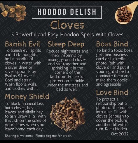 Clove Magical Use, Cloves Benefits Witchcraft, Hoodoo For Beginners, Clove Uses Witchcraft, Cloves Spiritual Benefits, Hoodoo Psalms, Ms Avi, Witch Learning, Clove Benefits