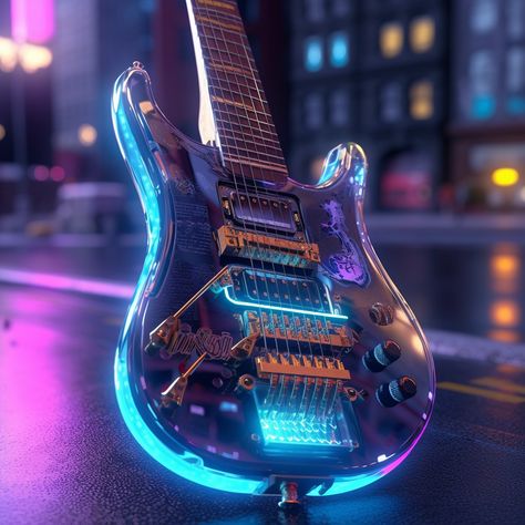 Unleash the Cyberpunk Symphony with Futuristic Guitar Art Cyberpunk Musician, Cyberpunk Guitar, Larray Aesthetic, Futuristic Guitar, Cyberpunk Moodboard, Futuristic Music, Cyberpunk Oc, Arcane Oc, Cyberpunk Games