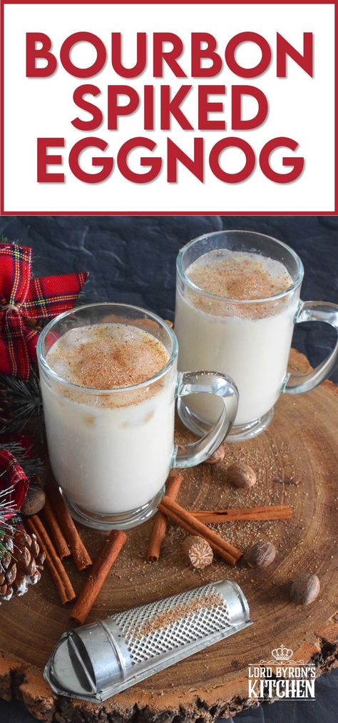 Quick and easy, this Bourbon Spiked Eggnog cocktail uses store-bought and ready eggnog and combines it with a good splash of bourbon and lots of freshly grated nutmeg. It's yummy! #eggnog #bourbon #cocktail #drinks Recipes Using Eggnog, Eggnog Cocktail Recipe, Eggnog Recipe Spiked, Bourbon Eggnog, Eggnog Cocktail, Eggnog Drinks, Spiked Eggnog, Bourbon Recipes, Bourbon Cocktail