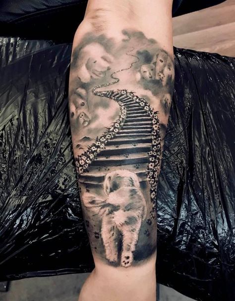 Tattoo In Memory Of Dogs, Dog Tattoo Sleeve Ideas, Tribute To Dog Tattoo, Dog Memory Tattoo Ideas, Heaven Dog Tattoo, Tattoo Of Dog Memory, Memory Dog Tattoos, Dog In Heaven Tattoo, In Memory Dog Tattoo