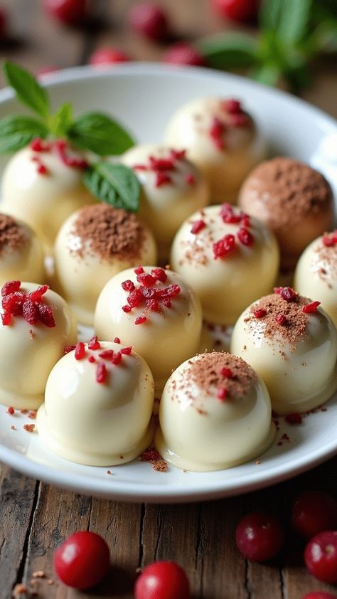 Cranberry White Chocolate Truffles Cranberry Balls, Cranberry Truffles, White Chocolate Cake Pops, Orange Truffles, Cranberry Bites, Cranberry White Chocolate, Xmas Recipes, Chocolate Cranberry, White Chocolate Truffles