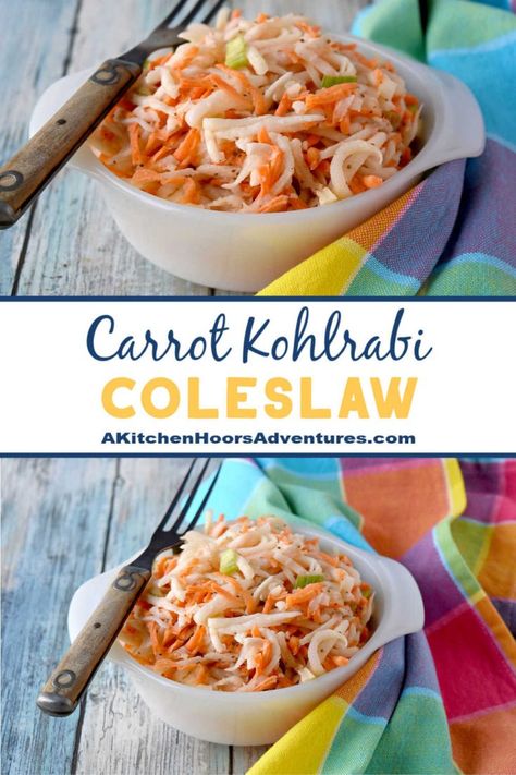 Kohlrabi Slaw Recipes, Atkins Salads, Kohlrabi Salad, Kohlrabi Slaw, Kohlrabi Recipes, Classic Picnic, Carrot Slaw, Paleo Sides, Csa Recipes