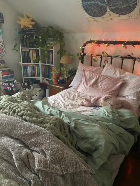 Sage Green Earthy Bedroom, Sage Green Coquette Room, Pink And Green Earthy Bedroom, Lavender And Green Bedroom Ideas, Pink And Green Bedding Aesthetic, Infp Bedroom, Pink Green Brown Bedroom, Triangle Ceiling Bedroom, Twin Bed Aesthetic Room