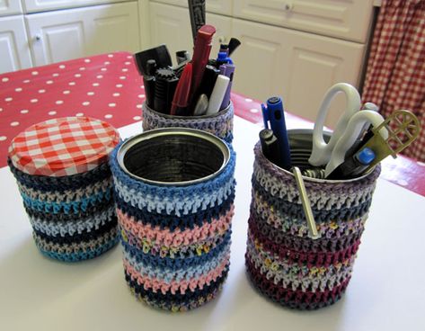 finished-tins Sucrets Tin Crafts, Crochet Containers, Tin Can Knits, Free Crochet Patterns For Mason Jar Lids, Tin Can Tea Light Holders, Crochet Jar Covers, Retro Theme, Dk Yarn, Craft Sale