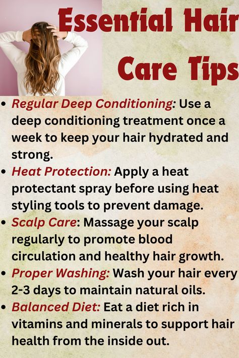 Achieve gorgeous, healthy hair with these essential hair care tips! From deep conditioning treatments to proper hair washing techniques, elevate your hair care routine and enjoy luscious locks every day.#HairCareTips #HealthyHair #HairCareRoutine #DeepConditioning #ScalpCare #HeatProtection #LusciousLocks #HairGoals #BeautyRoutine #HairCareEssentials #NaturalHairCare #ShinyHair #HairHealth #PinterestBeauty #HairInspiration #canva #templates #selfcare #haircare #hairfallcontrol #haircareroutine Heat Protectant Spray, Hair Washing, Natural Haircare, Deep Conditioning, Scalp Care, Healthy Hair Growth, Washing Hair, Women's Hair, Heat Styling Products