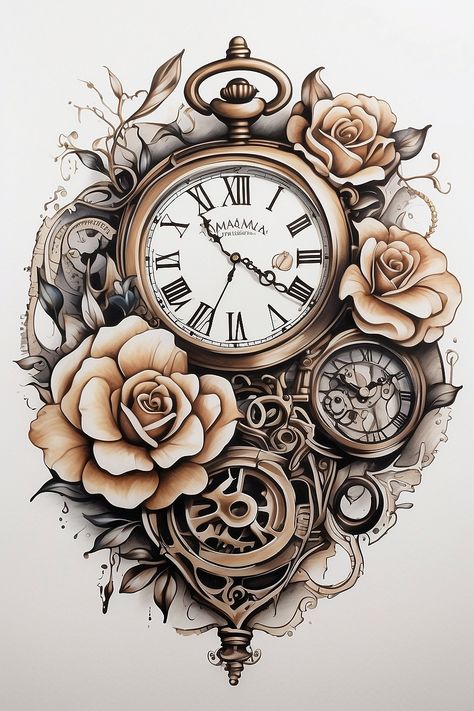 Tattoo Designs Drawings - Tattoo Designs Realistic - Tattoo Designs Man - Tattoo Designs Women - Tattoo Designs Dark  #TattooDesigns #TattooDrawings Steam Punk Clock Tattoo, Pocket Watch Tattoo Design Women, Time Themed Tattoo, Steampunk Clock Tattoo, Clock Tattoos For Women, Old Clock Tattoo, Tattoo Designs Dark, Tattoo Designs Realistic, Time Tattoo Ideas