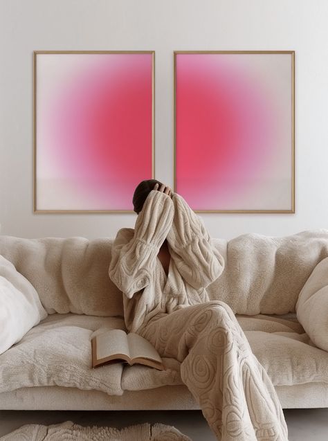 Set of 2 - Pair of Pink Blur Aura Art Prints - bright sophisticated dreamy home decor! I'm a graphic designer with a passion for colour combinations, spirituality, decor, and design. I hope you enjoy! PRODUCT INFORMATION: Professionally printed onto  fine art Archival 200gsm paper with vivid colour and exceptional detail. PLEASE NOTE: The frame shown in picture is not included and is for display purposes only. SIZE GUIDE: We offer 11 standard sizes; * A3 (11.7 x 16.5") * A2 (16.5 x 23.4") * A1 ( Aura Posters, Aura Art, Gradient Art, Abstract Gradient, Dorm Room Designs, Pink Aura, Pink Gradient, Sunset Wall Art, Print Decor