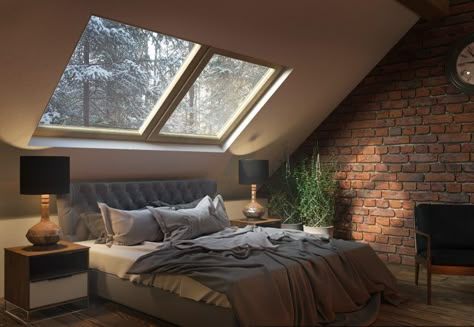 Bedroom Skylight, Skylight Bedroom, House Aesthetics, Star Bedroom, Big Bed, Small Bedroom Designs, Attic Spaces, Loft Room, Attic Bedroom