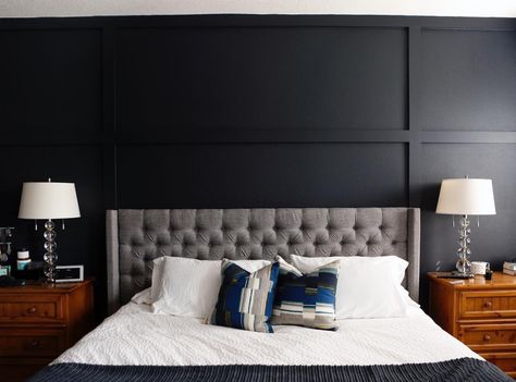 Benjamin Moore Soot Black Paint Bedroom Walls - Interiors By Color Black Paint Benjamin Moore, Black Paint Bedroom, Paint Bedroom Walls, Paint Benjamin Moore, Black Walls Bedroom, Bedroom Paint Colors Master, Black Feature Wall, Paint Bedroom, Lake House Interior