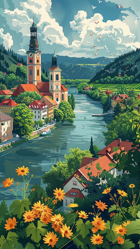 Flat vector illustration of a serene travel poster - 12 wallpapers from Urban section Photography Illustration Art, Scenery Illustration Landscapes, Cartoon Scenery Wallpaper, City And Nature Illustration, Flat Art Illustration, Vector Art Illustration Scenery, City Scene Illustration, Urban Section, Border Illustration