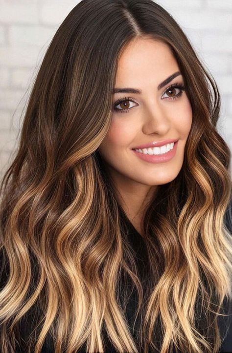 19. Bright brunette with smoky roots and lighter tips Hair Colour & Hairstyle just like your wardrobe. If you wish to give yourself a... Golden Beige Hair, Brown Hair With Blonde Ends, Feminine Hairstyles, Highlights Ideas, Blonde Hairstyle, Sleek Hair, Colors 2023, Dark Blonde Hair, Hair Color For Women