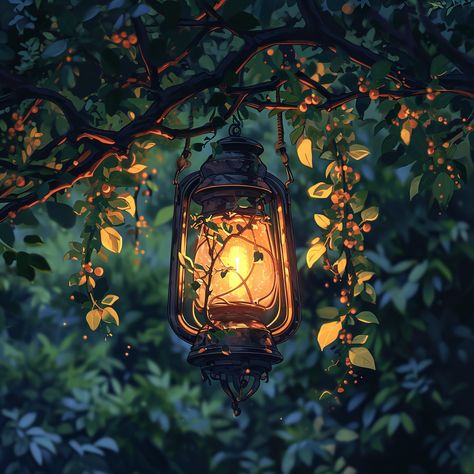 glass lantern hanging from a tree #midjourneyV6 #aiartgeneratedart #generativeart #generativeartwork #artificialintelligenceai #aiartgenerator #aiartwork #aiartworks #artificialintelligence #midjourney #midjourneyart #midjourneycommunity Magical Woods Illustration, Fantasy Lantern Art, Dramatic Lighting Digital Art, Lantern Digital Art, Light Illustration Art, Lantern Concept Art, Aesthetic Lantern, Painting Of A Window, Lanterns Aesthetic