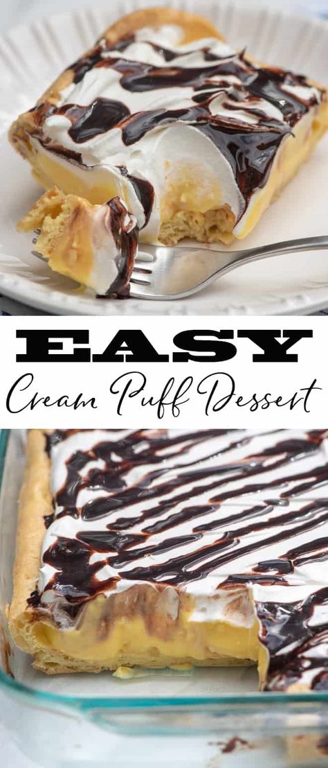 If you are fan of cream puffs you are going to LOVE this Easy Cream Puff Dessert. It's a seriously impressive but incredibly easy make-ahead dessert that is a great choice for any gathering. #creampuffdessert #creampuffs #makeaheaddesserts #dessertrecipes Dessert Souffle, Cream Puff Dessert, Cream Puffs Easy, Puff Dessert, Puff Pastry Cream Puffs, Dessert Halloween, Cream Puff Recipe, Make Ahead Desserts, Easy Cream