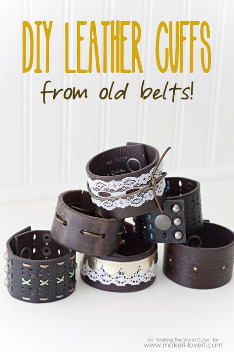 Do you have some old belts? Make some DIY leather cuffs! The perfect accessory for fall! Lots of ideas on how to embellish them and make them cute! Steam Punk Diy, Crafts Bracelets, Steampunk Mode, Diy Projects For Adults, Cuffs Diy, Leather Cuff Bracelets, Moda Steampunk, Diy En Cuir, Mode Steampunk