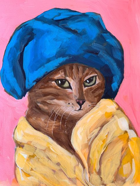 Cute and funny painting of a diva cat using bright, bold colours 😻 Painted on unframed canvas so would look best behind glass/frame.  Size A4 Colourful Cat Painting, Cat And Dog Painting Easy, Funny Cat Paintings, Bathroom Painting Ideas Canvas, Funny Animal Paintings, Cat Painting Funny, Acrylic Easy Painting, Cat Painting Easy, Bright Acrylic Painting