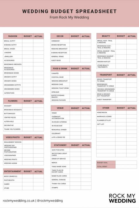 Wedding Budget Spreadsheet PDF Download | wedding planning | wedding budget planning | wedding spreadsheet guide | wedding budget planning ideas | wedding budget breakdown and allocation | organised wedding planning | downloadable spreadsheet | Rock My Wedding Wedding Cost Break Down, Wedding Budget Break Down, Wedding Budget List, Wedding Planning Checklist Detailed, Wedding Spreadsheet, Wedding Planning Spreadsheet, Wedding Budget Spreadsheet, Wedding Organiser, Wedding Checklist Budget