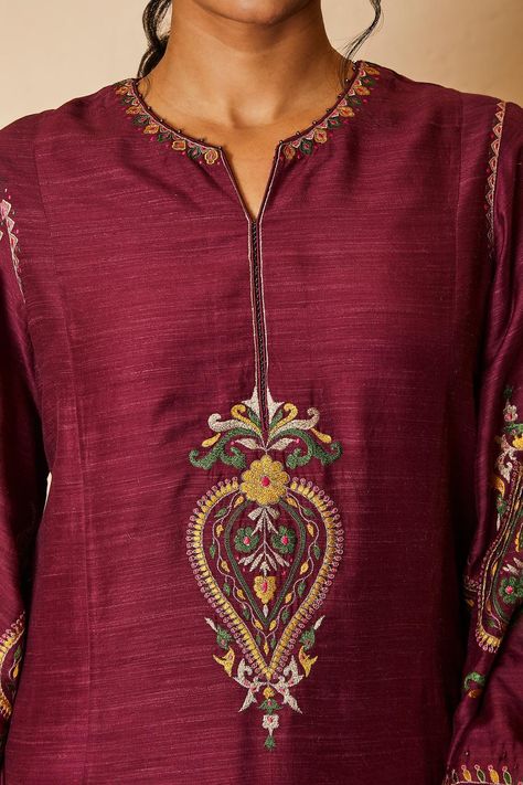 Buy Sue Mue Wine Tussar Georgette Thread Work Embroidered Kurta Salwar Set Online | Aza Fashions Hand Embroidery Designs For Suits, Hand Embroidered Kurtis, Top Lehenga, Eastern Fashion, Embroidery Dresses, Hand Embroidery Dress, Short Kurta, Embroidery On Kurtis, Kurti Embroidery Design