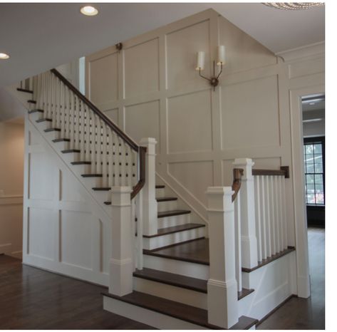 Stairway Wainscoting, Staircase Molding, Wood Railings For Stairs, Stairs Trim, Stair Paneling, Transitional Staircase, Stair Renovation, Staircase Interior Design, Stairs Renovation