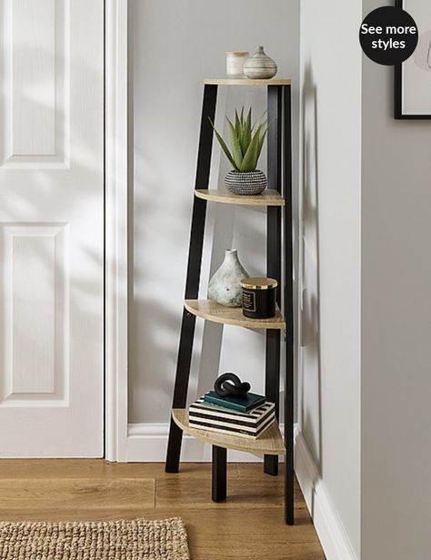 • Black frame • MDF • 49 x 32 x 125 cm Corner Table Ideas Bedroom, Single Shelf Styling Living Room, Living Room Corner Shelf Decor, Hallway Corner Storage, Corner Shelves Dining Room, Cosy Corner Living Room, Staircase Corner Decor Ideas, Living Room Corner Tv, Corner Shelf Organization