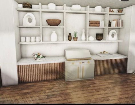 Boho Modern Bloxburg House, Bloxburg House Interior Ideas Kitchen, Roblox Bloxburg Decoration Ideas, Bloxburg Modern Farmhouse Bedroom Ideas, Beige Bloxburg House, Cute Kitchen Ideas Bloxburg, Shelf Ideas Bloxburg, Bloxburg Small Laundry Room, Bloxburg Kicken Ideas