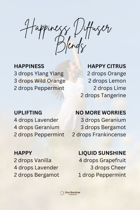 Transform your space with these uplifting Happiness Diffuser Blend Recipes! Elevate your mood and create a joyful atmosphere at home or work. These blends harness the power of essential oils to promote happiness and well-being. Contact me to learn more about essential oils and natural health, and discover how these blends can enhance your life! 🌼💧 #EssentialOils #DiffuserBlends #NaturalHealth #HappinessBlend Uplifting Oil Blends, Mood Uplifting Diffuser Blends, Uplifting Essential Oil Diffuser, Purification Diffuser Blend Recipe, Doterra Focus Blend Diffuser, Nighttime Oil Diffuser Blend, Relax Oil Blend Diffuser Recipes, Living Room Diffuser Blends, Doterra Anthropologie Blend