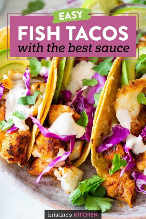 These Fish Tacos are easy to make and so flavorful! With seasoned fish, cabbage slaw, avocado and the best fish taco sauce! The best homemade fish taco recipe! #fishtacos #tacos #fishrecipes Best Fish Taco Recipe, Fish Tacos With Cabbage, Fish Taco Recipe, Fish Taco Sauce, Easy Fish Tacos, Lobster Dishes, Fish Dinner Recipes, Fish Tacos Recipe, Fish Taco