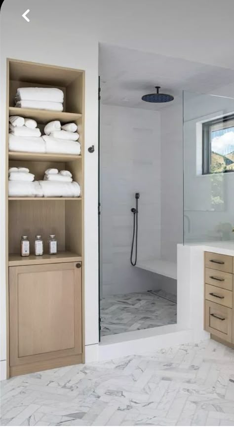 Basement Washroom Ideas, Shower Next To Vanity, Bathroom Closet Organization Ideas, Half Wall Shower, Bathroom Closet Organization, Open Bathroom, Closet Organization Ideas, Bathroom Closet, Bathroom Redesign