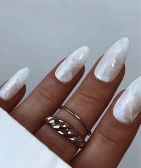 Cloud White Nails, Wavy White Nails, Neutral Wavy Nails, Pearl White Oval Nails, Pearly White Nails Almond, White Cloudy Nails, Cloudy White Almond Nails, White Quartz Nails, Gel X Nails Milky White