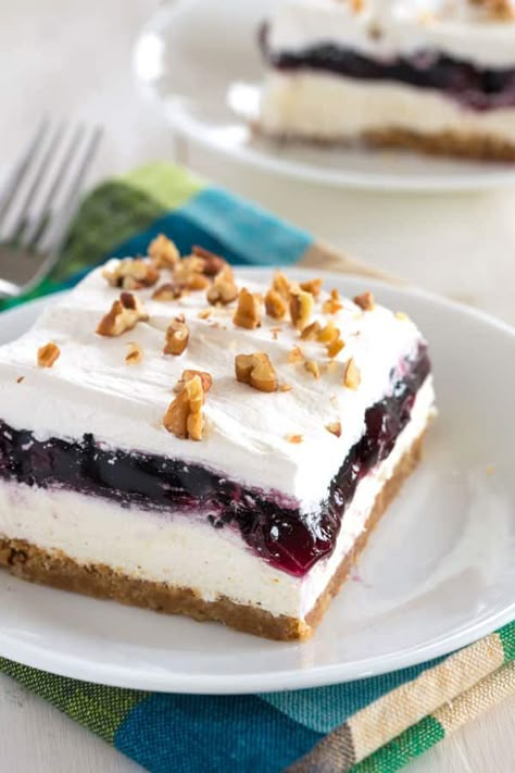 Blueberry Delight Blueberry Layered Dessert, Blueberry Lush, Lush Dessert, Lush Recipes, Blueberry Delight, Pecan Crust, Layered Dessert, Blueberry Desserts, Layered Desserts