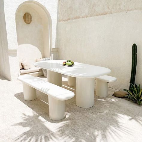 White Concrete Table, Plaster Furniture, White Concrete Floors, Concrete Outdoor Dining Table, Cement Furniture, Cement Table, Setting Table, Indoor Outdoor Dining, Sweet Home Design