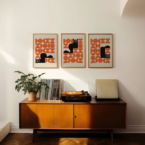 Set of 3 Mid Century Modern Cats in Orange Bauhaus Pattern, Retro Minimalistic Scandinavian Design Aesthetic, Black Cat Art Gift - Etsy Australia Apartment, Aesthetic Black Cat, Mid Century Modern Living Room Design, Midcentury Living, Scandi Minimalist, Bauhaus Pattern, Midcentury Decor, Midcentury Architecture, Midcentury Furniture