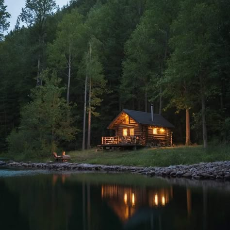 Cabin On The Lake Aesthetic, Lake House At Night, Dark Forest House Aesthetic, Cabin By A Lake, Log Cabin On Lake, Lakeside Cabin Aesthetic, Old Cabin Aesthetic, Cabin In Woods Aesthetic, Old Lake House