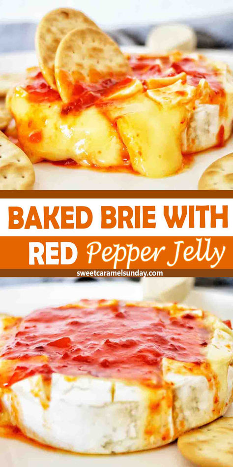 Brie cheese with red pepper jelly on white plate. There is text written between 2 images. Jelly Appetizers, Brie Recipes Easy, Sweet Pepper Jelly, Sweet Appetizers, Brie Cheese Recipes, Baked Brie Recipes, Pepper Jelly Recipes, Brie Appetizer, Red Pepper Jelly