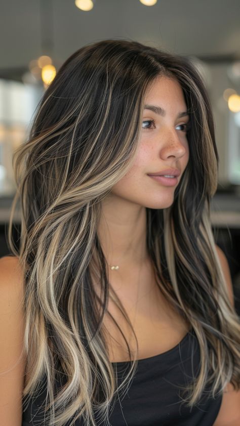 Discover a modern approach to enhance your dark hair with subtle balayage. Elevate your look with a touch of dimension and depth that beautifully complements your natural color. Whether you prefer soft highlights or gentle gradients, balayage offers a stunning solution for adding a fresh twist to black hair. Balayage Black, Soft Highlights, Blonde Highlights On Dark Hair, Black Hair Balayage, Subtle Balayage, Brunette Hair With Highlights, Balayage Hair Dark, Black Hair With Highlights, Dark Hair With Highlights