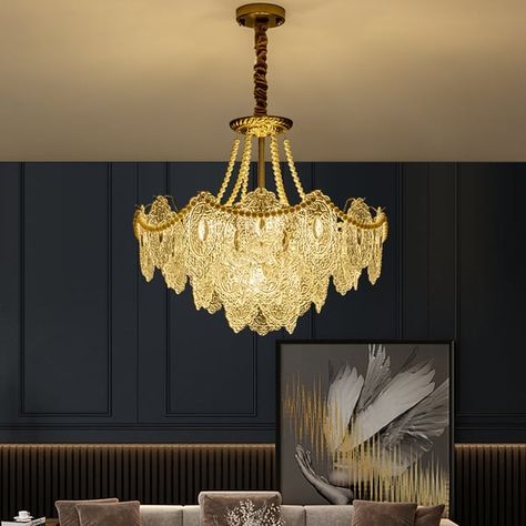 Art Deco 9-Light Tiered Glass Gold Chandelier Pearl Pendant Ceiling Light for Livingroom Gold Chandelier Antique, Table Dressing Dining, Dark Academia Chandelier, Chandalear Lighting, Spanish Style Chandelier, Kitchen Table Chandelier, Classical Living Room, Chain Chandelier, Modern Flush Mount Ceiling Light