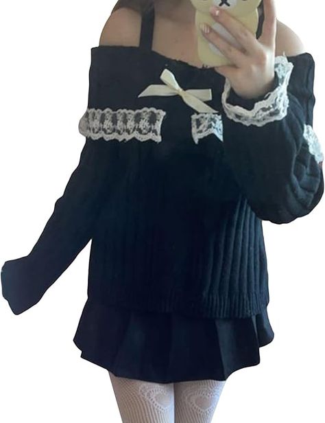 cute black and white sweater kawaii Kawaii Sweater, Y2k Outfit Ideas, Jumper Outfit, Y2k Long Sleeve, 2 Piece Skirt Set, Women Overcoat, Long Sleeve Jumper, Vintage Long Sleeve, Long Midi Dress