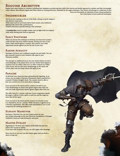 Rogue Class Roguish Archetype Swashbuckler 5th Rouge Class Dnd, Dnd Rogue Swashbuckler, Dnd Rogue Archetype, Rouge Archetype Dnd, Dnd Rogue Subclasses Homebrew, Rogue Subclasses 5e, Rogue Homebrew, Dnd Swashbuckler, Roguish Archetype