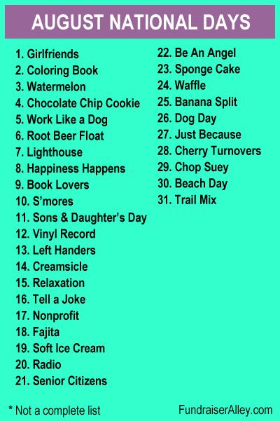 This is a list of one National Day for each day of August. It's not a complete list. There are many National Days in August. National Days can be great opportunities for fundraisers. #nationaldays National Days In August, National Celebration Days, Monthly Holidays, National Holiday Calendar, Random Holidays, Fun Calendar, Silly Holidays, August Holidays, Crafts 2024