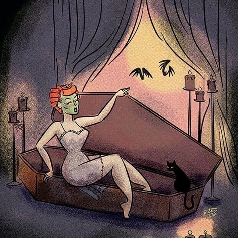 Ruttu Ruttu Art, 50s Pinup Art, 50s Goth, 50s Illustration, Horror Pinup, Zombie Drawings, Halloween Pin Up, Rockabilly Art, 50s Art