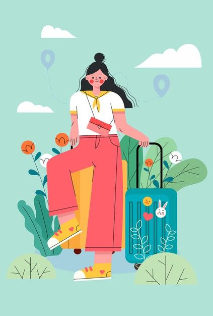 Illustration of the traveling girl. Download it at freepik.com! #Freepik #vector #travel #girl #holiday #illustration Fun Illustration Art, Travel Illustration Design, Traveller Illustration, Tourist Illustration, Traveler Illustration, Travelling Illustration, Traveling Illustration, Tourism Illustration, Travel Vector Illustration