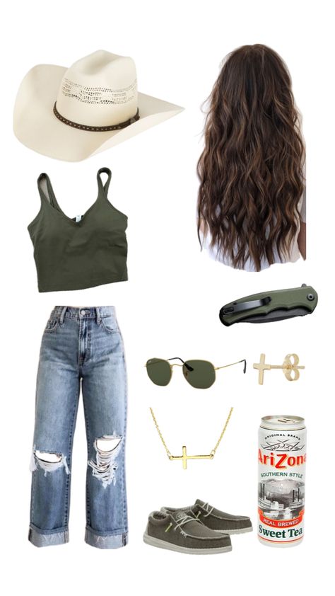 Green Inspired Country Outfit #green #country #western #westernaesthetic #countryfit #westernvibes #cowboyhat #gold  #jewelry #jewelryinspo #brunette Western Fashion Jewelry, Country Outfit, Casual Country Outfits, Country Style Outfits, Green Country, Western Aesthetic, Cowgirl Outfits, School Fits, Country Western