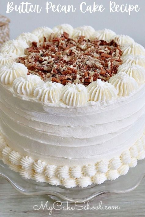 Moist and flavorful Butter Pecan Cake recipe! This scratch recipe is bursting with flavor from crushed butter pecans- it is light, fluffy, and pairs perfectly with our whipped cream cheese frosting! Butter Pecan Cake Recipe, Butter Pecans, Whipped Cream Cheese Frosting, Butter Pecan Cake, Italian Cream Cakes, Pecan Cake, Fall Cakes, Whipped Cream Cheese, Butter Pecan